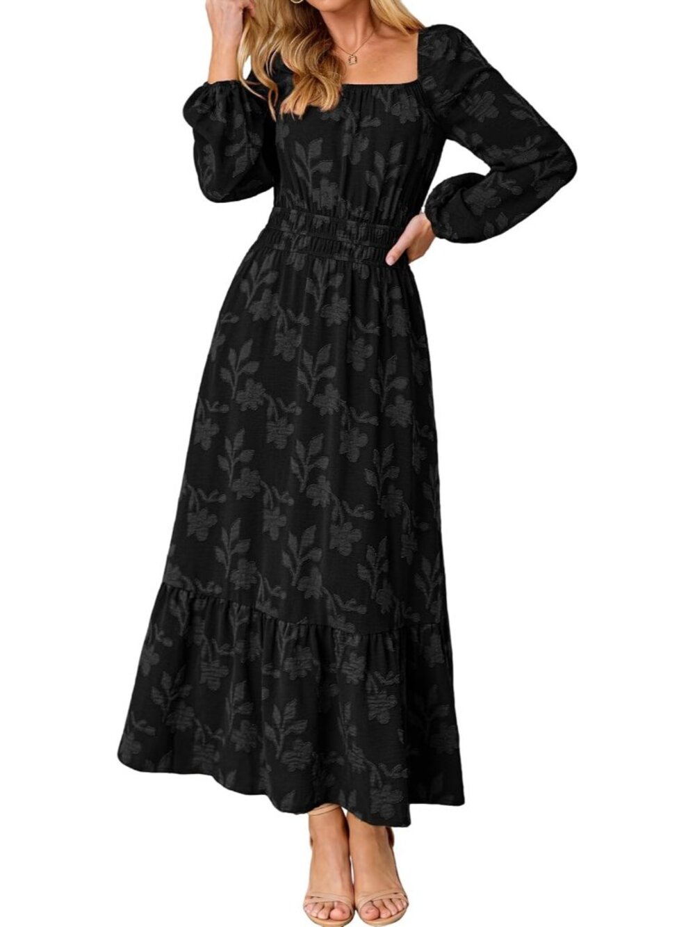 🆕 Women's Black Long Sleeve Square Neck High Waist Boho Casual Maxi Dress